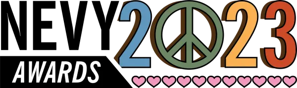 AWARDS 2023 graphic with a peace sign replacing the zero and a row of pink hearts below.