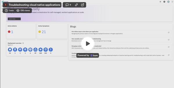 A web page titled "Troubleshooting cloud native applications" showing active defects, deployment overview, and blogs section.