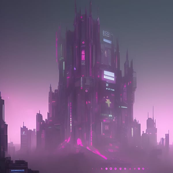 Futuristic cityscape with a towering neon-lit building surrounded by fog. The structure features pink and purple lights, with