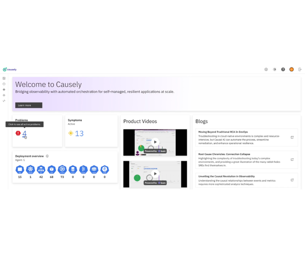 Dashboard for Causely showing a welcome message, issues, symptoms, deployment overview, product videos, and blogs.