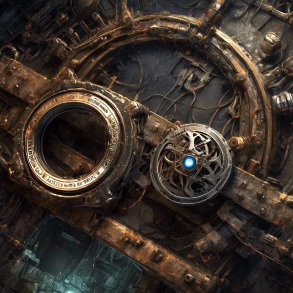 Steampunk-style intricate machinery with gears, rusted metal, and a lit blue orb centered in an elaborate, circular design.