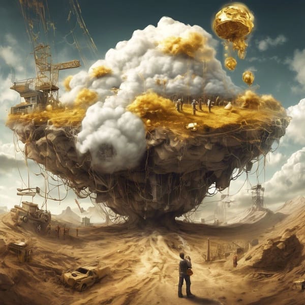 Surreal scene of people on a floating, cloud-like island with golden structures, cranes, and balloons, above a barren landsca