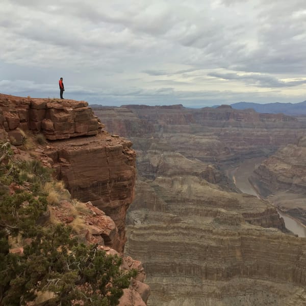 Person standing on the edge of a canyon cliff, overlooking vast rocky terrain and a winding river below under a cloudy sky.