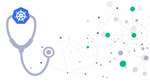 An illustrated stethoscope with a Kubernetes symbol is on the left, connected by lines to a network of colorful, dotted nodes