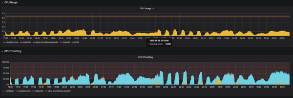 Graph showing CPU usage and throttling over time. The top graph displays CPU usage, while the bottom graph illustrates CPU th